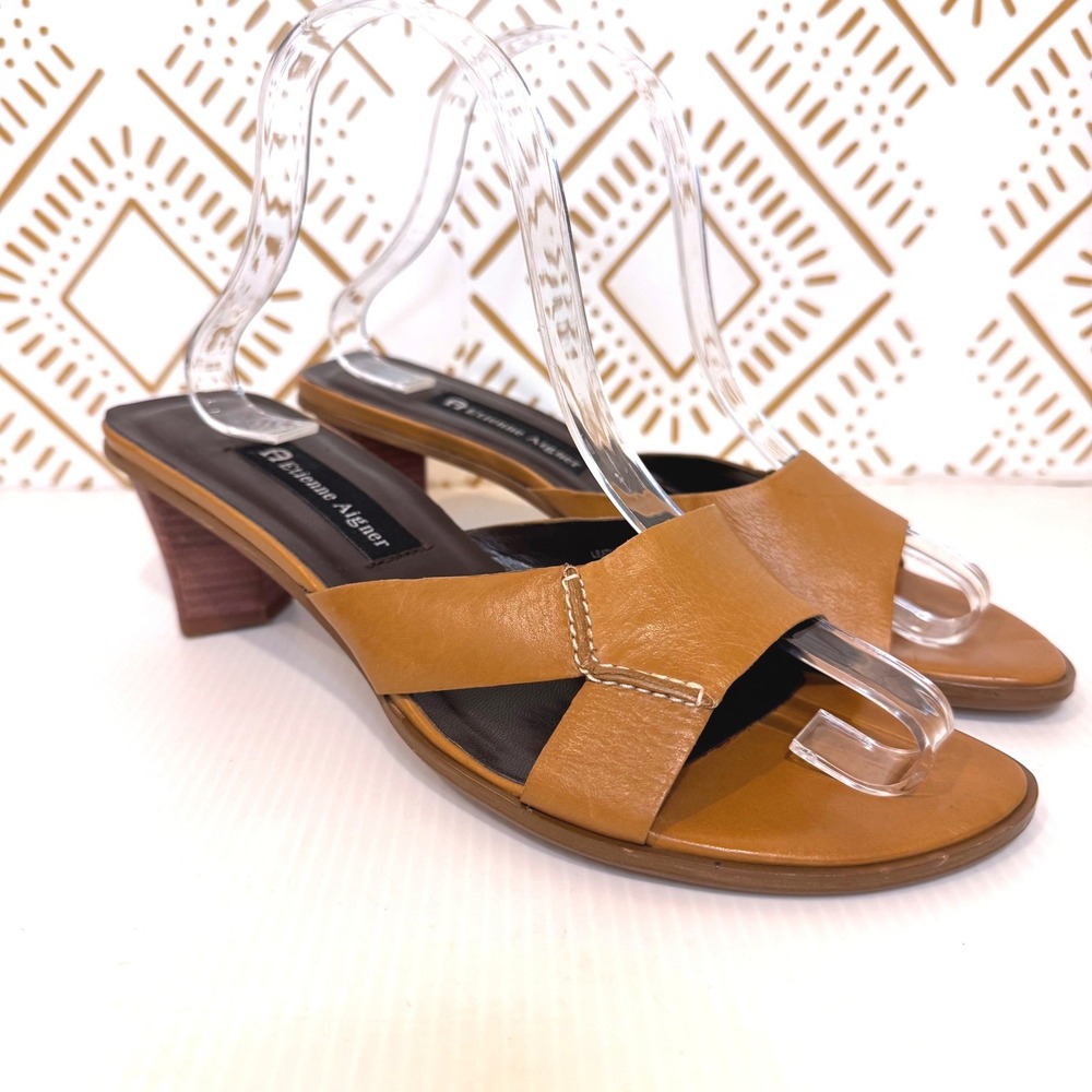 Y2K Etienne Aigner Leather Low Heel Slide Sandals Size 8.5 Mules Summer Vintage